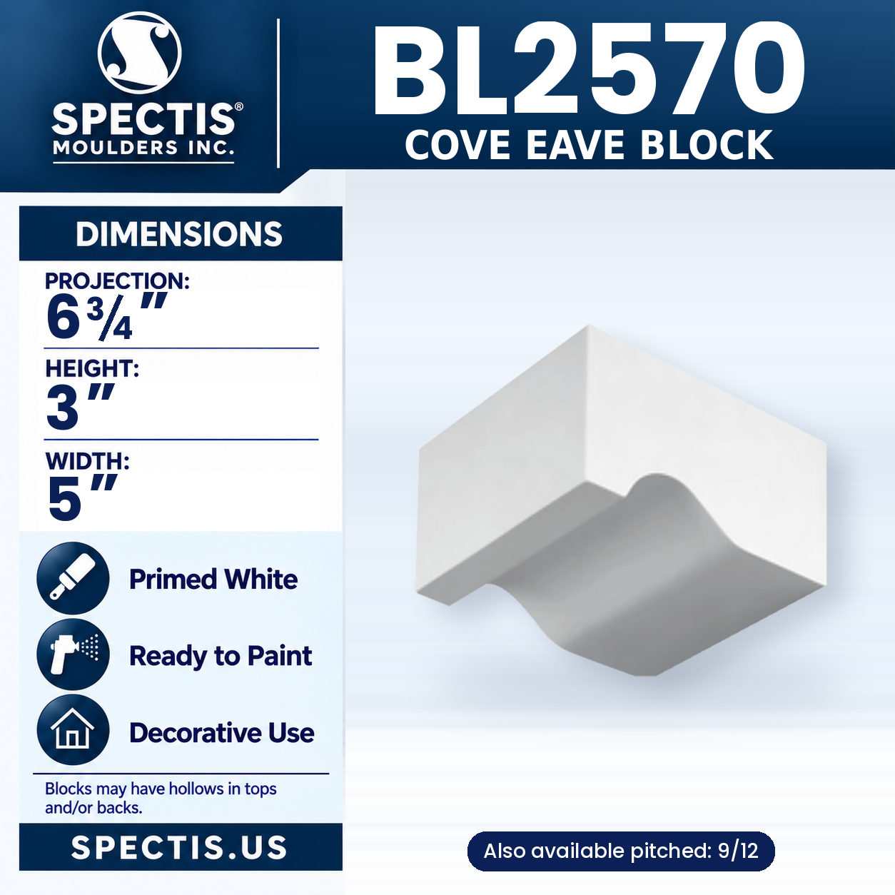 BL2570 Cove Eave Block 5"W x 3"H x 6.75"P