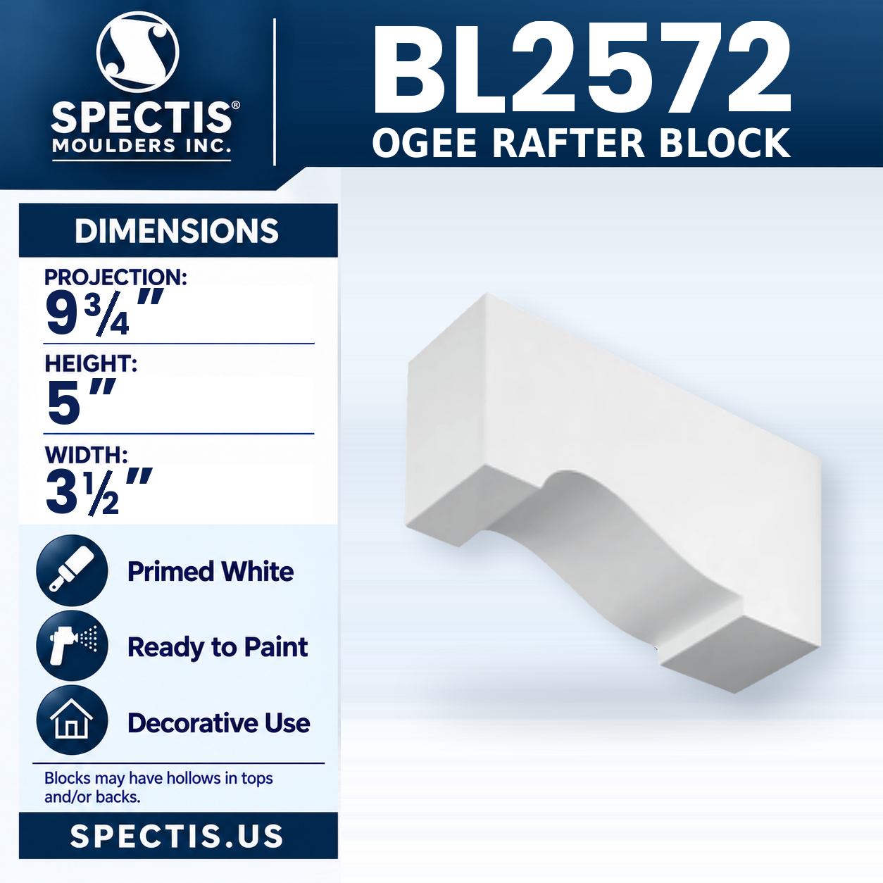 BL2572 Ogee Rafter Block 3.5"W x 5"H x 9.75"P