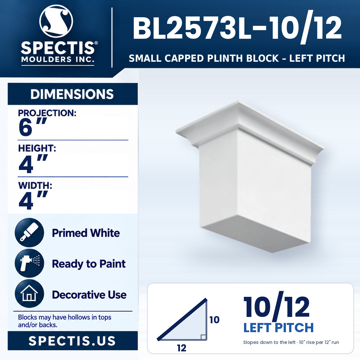 BL2573L-10/12 Small Capped Plinth Block Left Pitch 4"W x 4"H x 6"P
