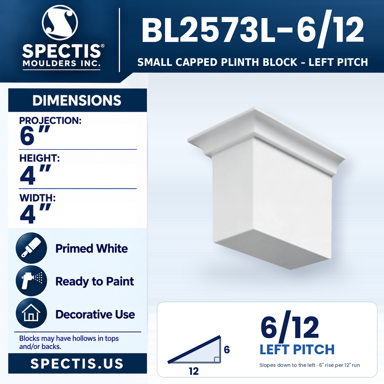 BL2573L-6/12 Small Capped Plinth Block Left Pitch 4"W x 4"H x 6"P
