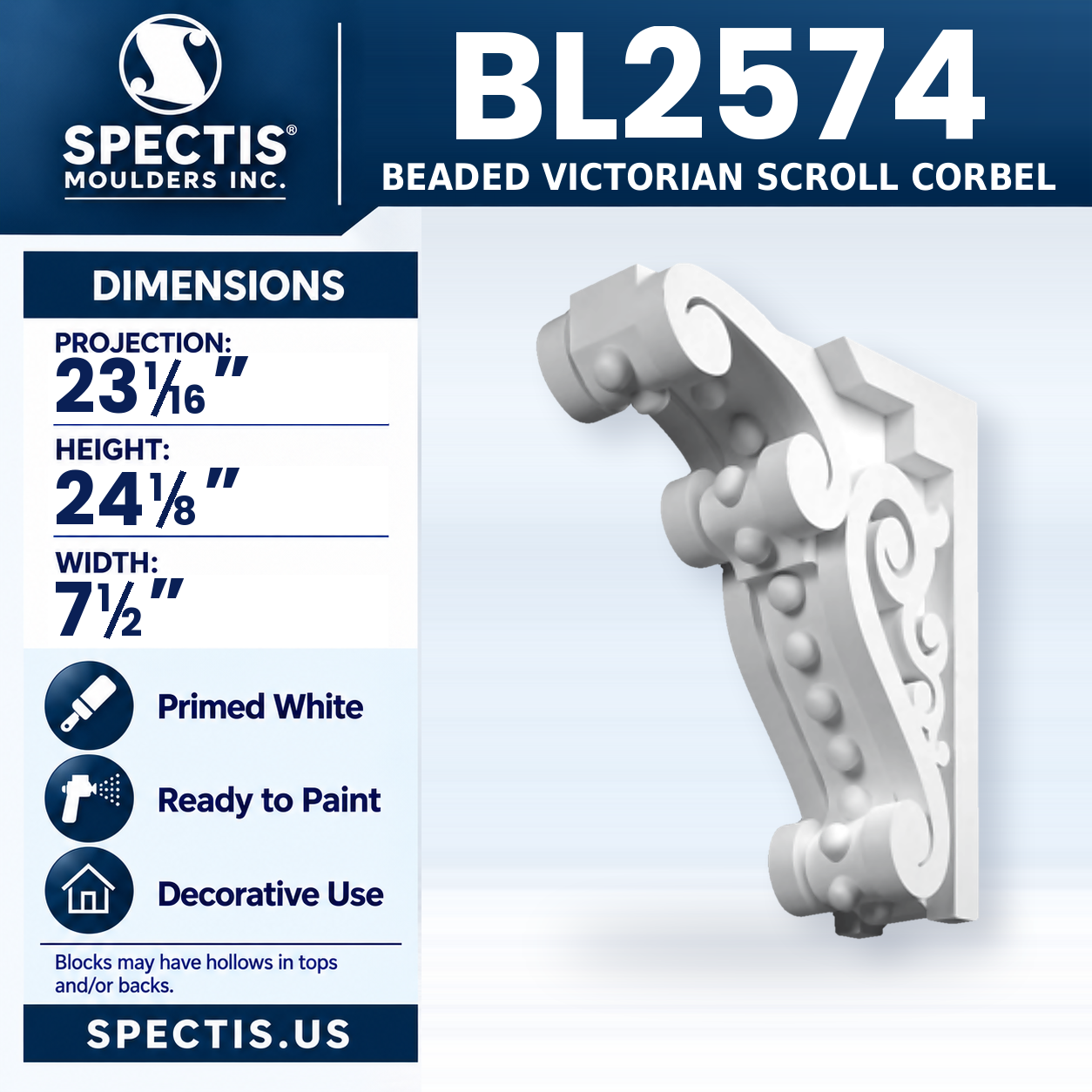 BL2574 Beaded Victorian Scroll Corbel 7.5"W x 24.125"H x 23.0625"P