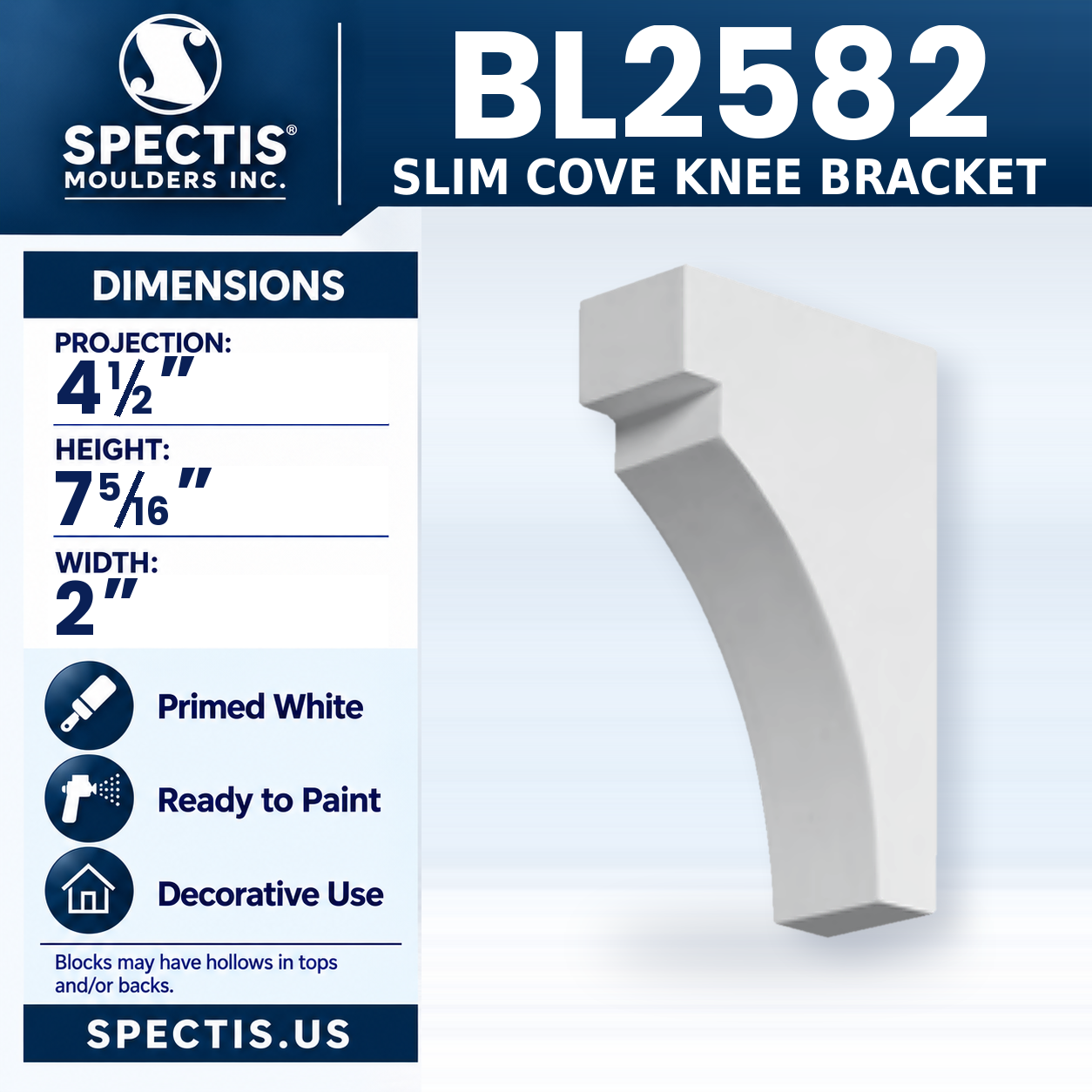 BL2582 Slim Cove Knee Bracket 2"W x 7.3125"H x 4.5"P