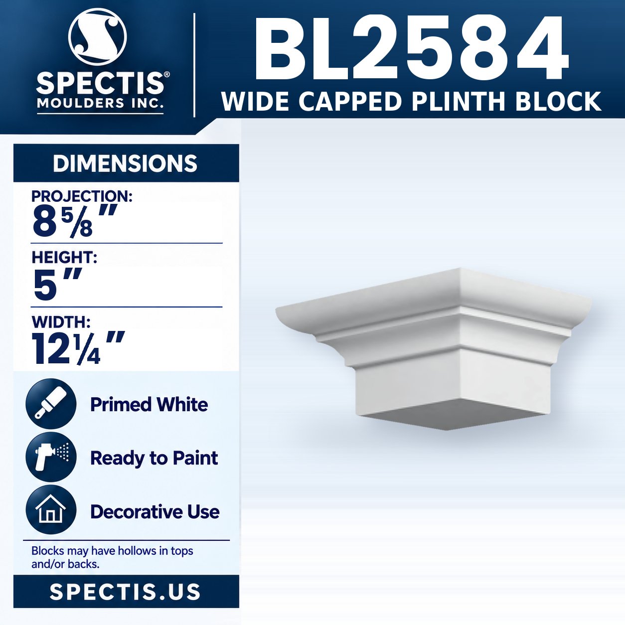 BL2584 Wide Capped Plinth Block 12.25"W x 5"H x 8.625"P