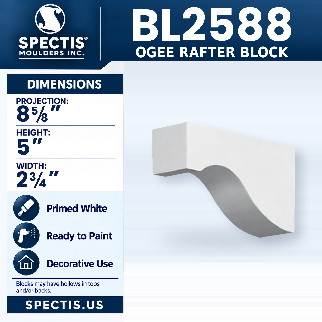 BL2588 Ogee Rafter Block 2.75"W x 5"H x 8.625"P