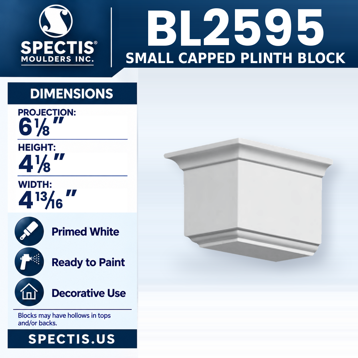 BL2595 Small Capped Plinth Block 4.8125"W x 4.125"H x 6.125"P