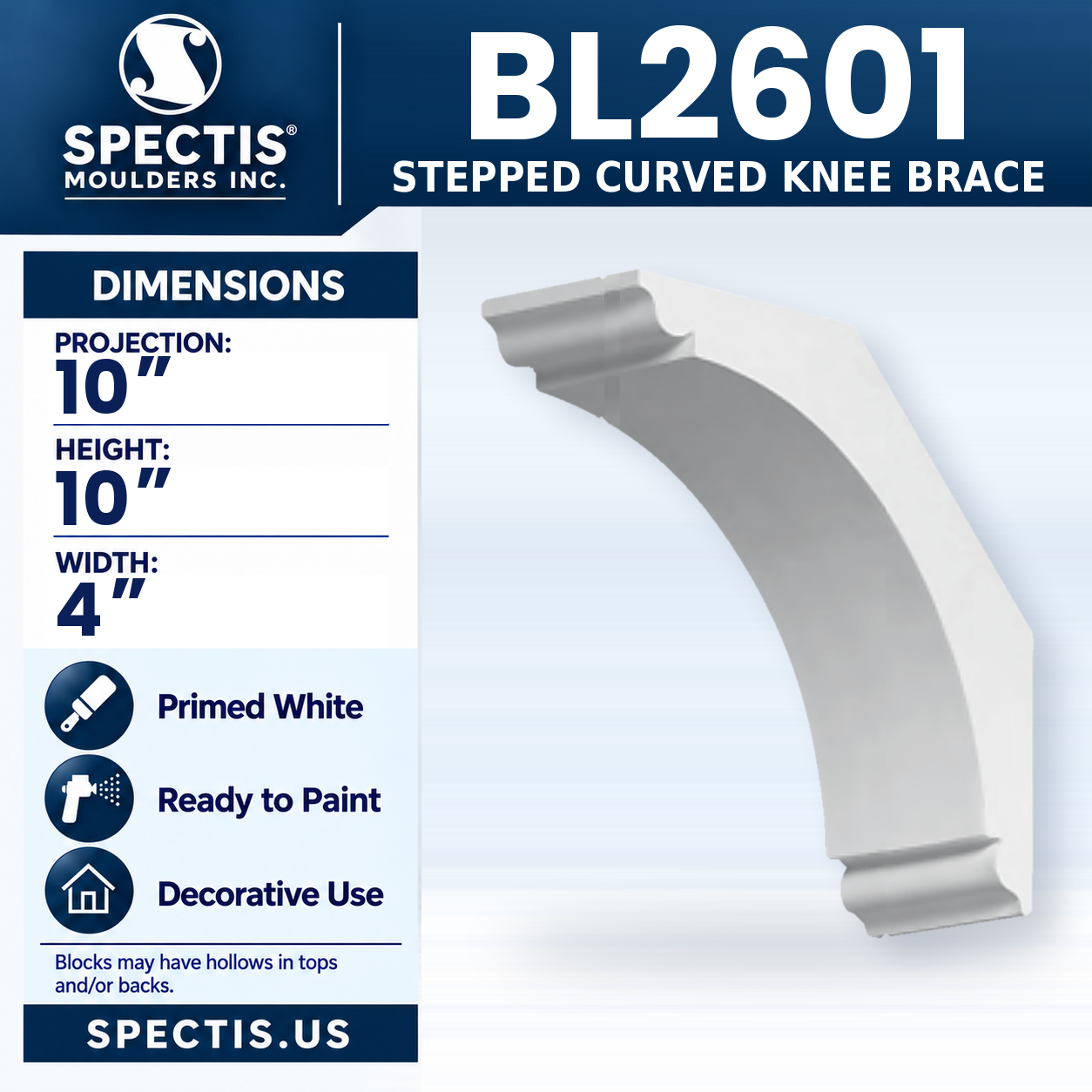 BL2601 Stepped Curved Knee Brace 4"W x 10"H x 10"P