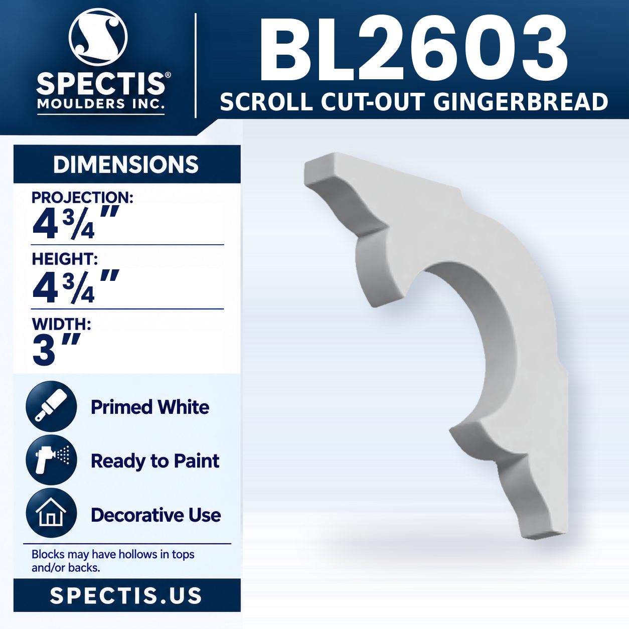 BL2603 Scroll Cut-Out Gingerbread 3"W x 4.75"H x 4.75"P