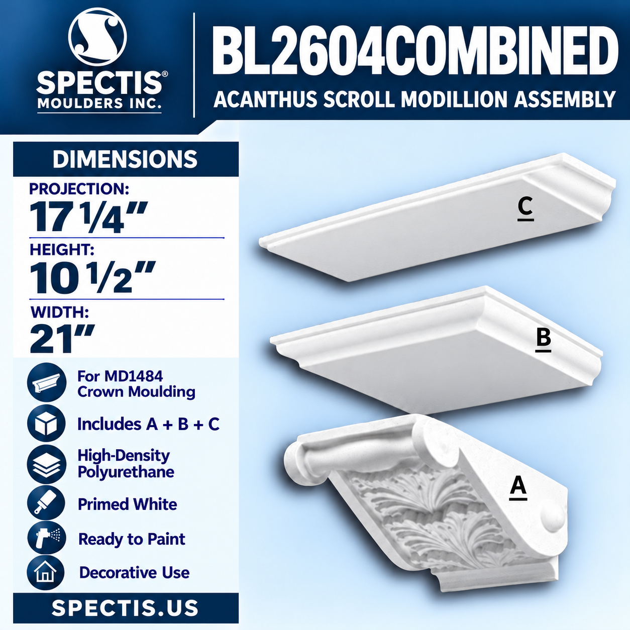 BL2604COMBINED Acanthus Scroll Modillion Assembly 21"W x 10.5"H x 17.25"P