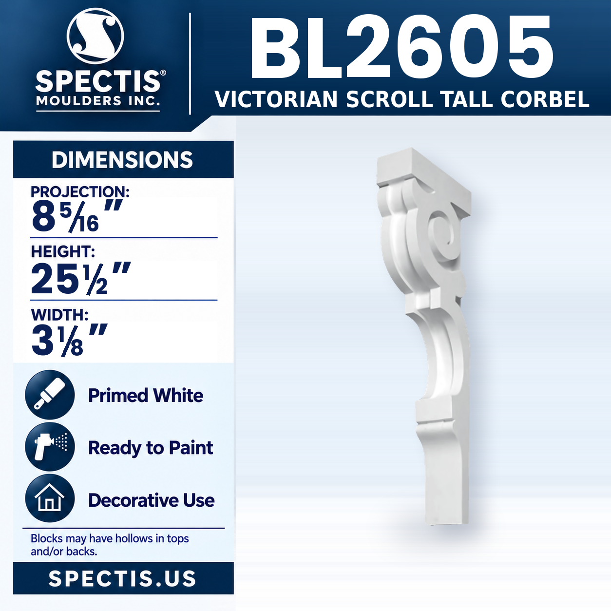 BL2605 Victorian Scroll Tall Corbel 3.125"W x 25.5"H x 8.3125"P