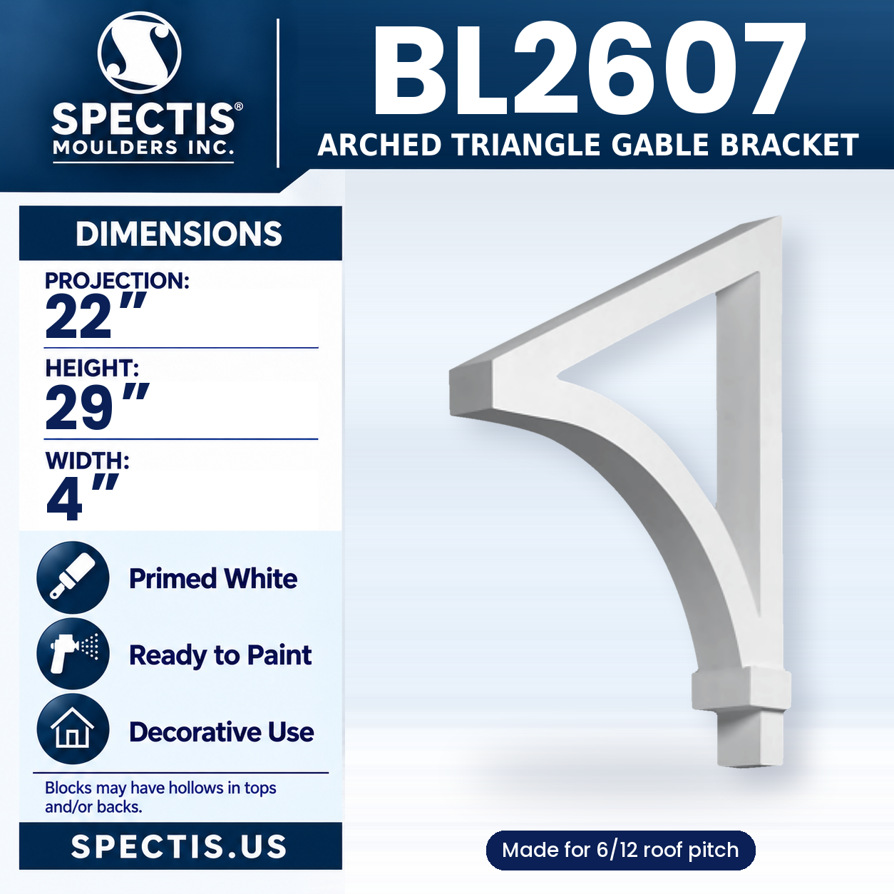 BL2607 Arched Triangle Gable Bracket 4"W x 29"H x 22"P