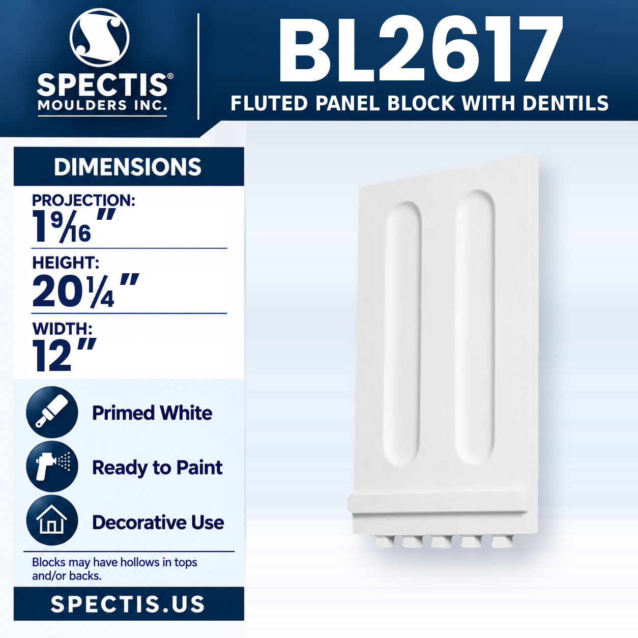 BL2617 Fluted Panel Block with Dentils 12"W x 20.25"H x 1.5625"P