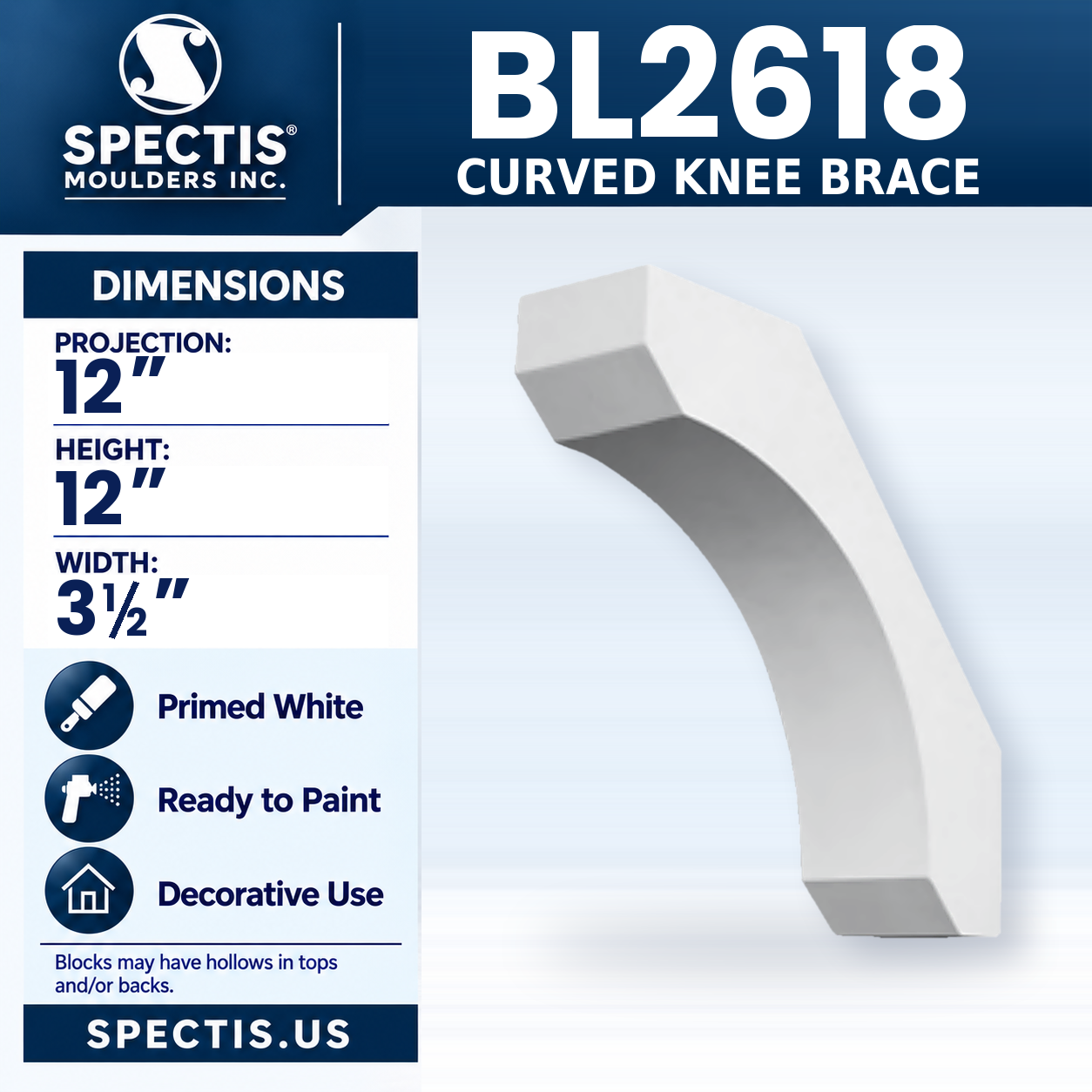 BL2618 Curved Knee Brace 3.5"W x 12"H x 12"P