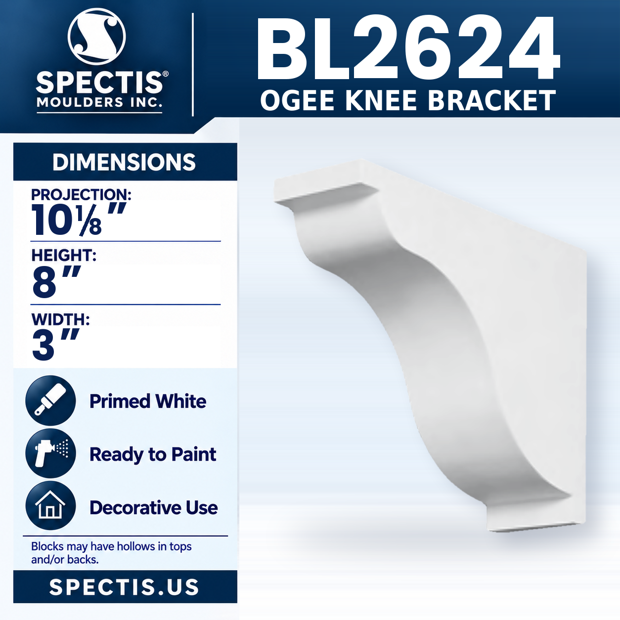 BL2624 Ogee Knee Bracket 3"W x 8"H x 10.125"P