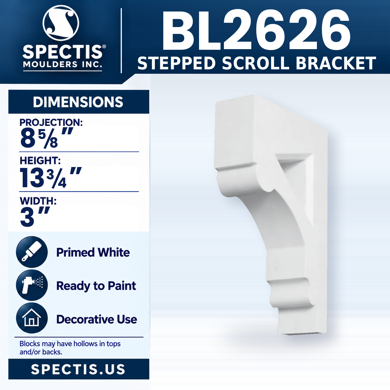 BL2626 Stepped Scroll Bracket 3"W x 13.75"H x 8.625"P