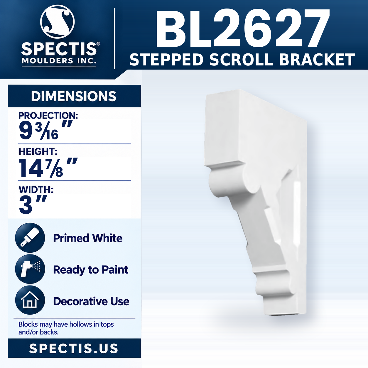 BL2627 Stepped Scroll Bracket 3"W x 14.875"H x 9.1875"P
