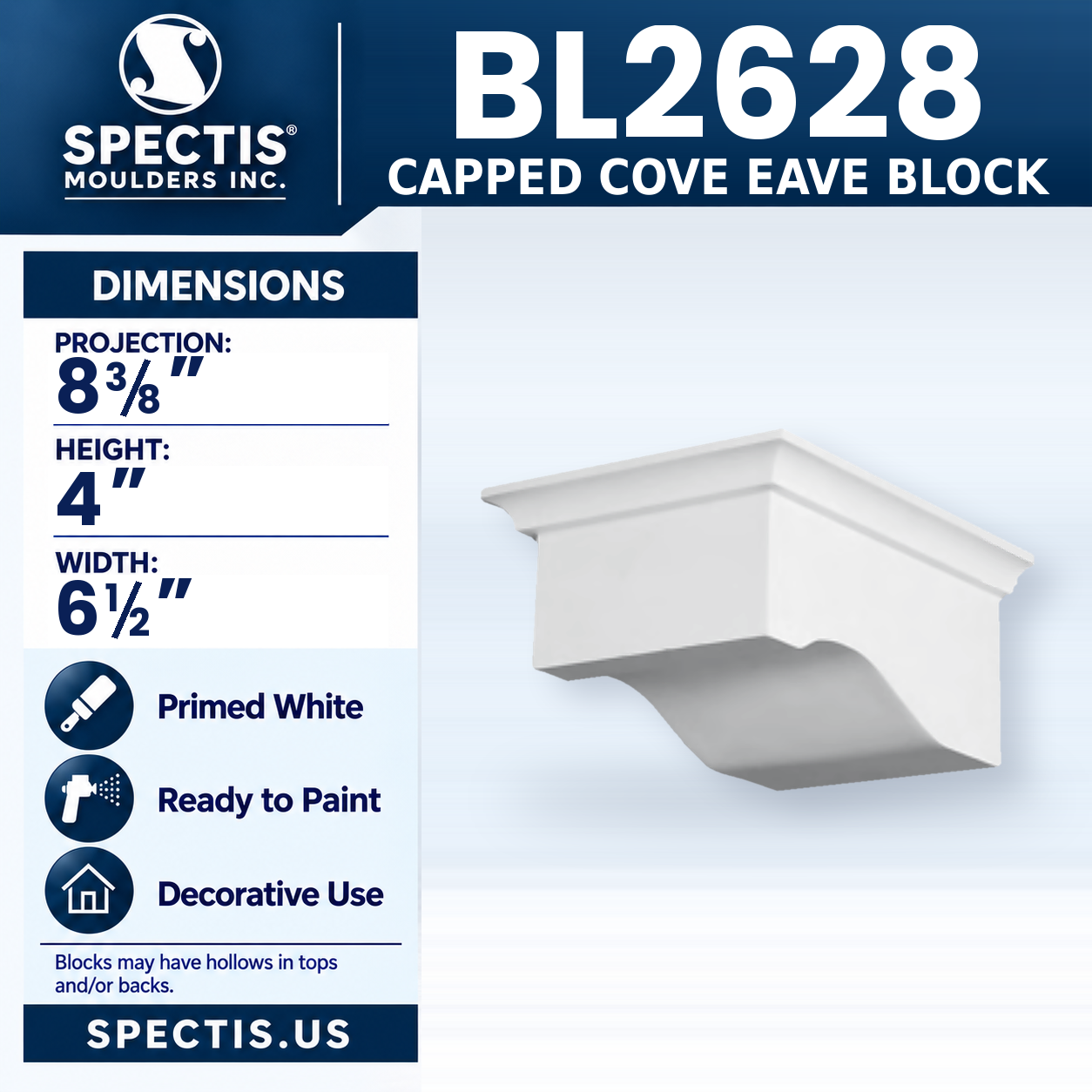 BL2628 Capped Cove Eave Block 6.5"W x 4"H x 8.375"P