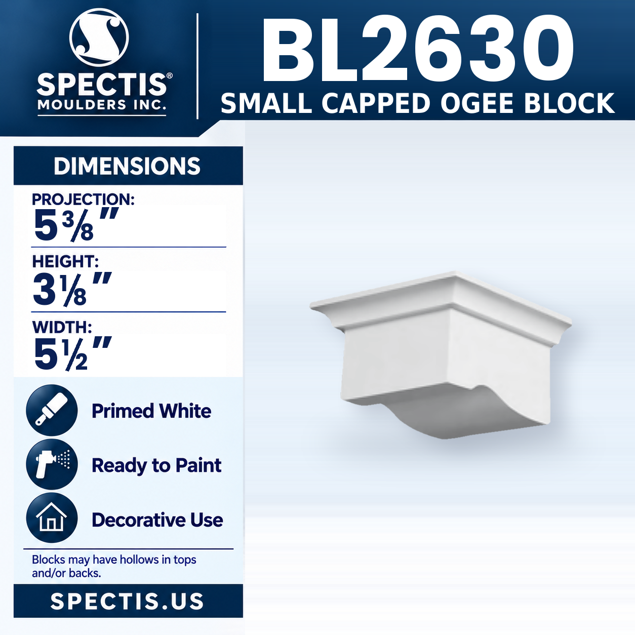 BL2630 Small Capped Ogee Block 5.5"W x 3.125"H x 5.375"P