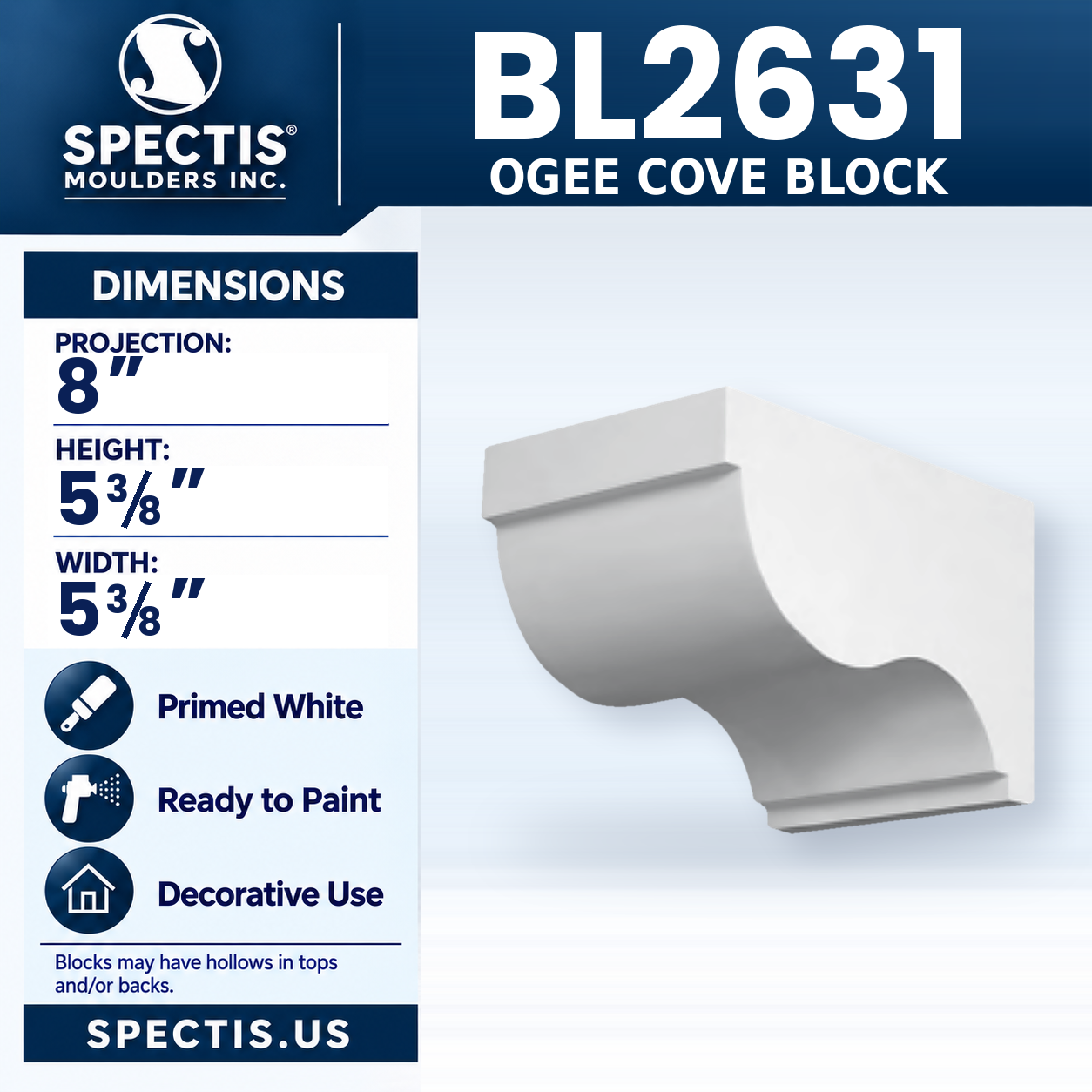 BL2631 Ogee Cove Block 5.375"W x 5.375"H x 8"P
