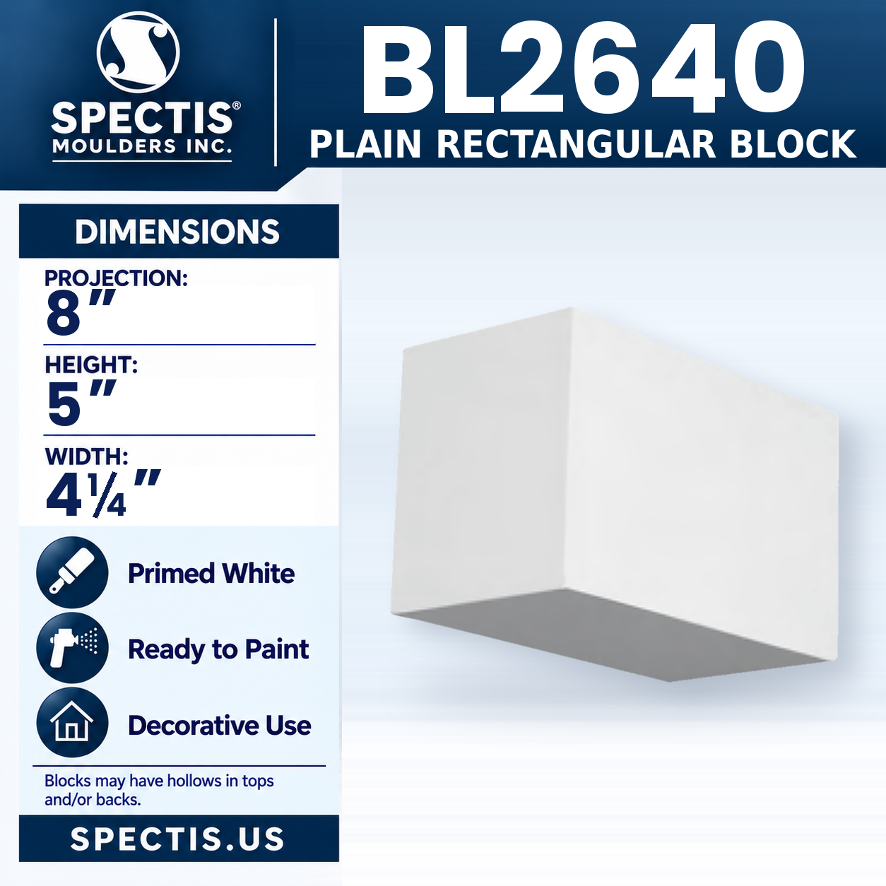 BL2640 Plain Rectangular Block 4.25"W x 5"H x 8"P
