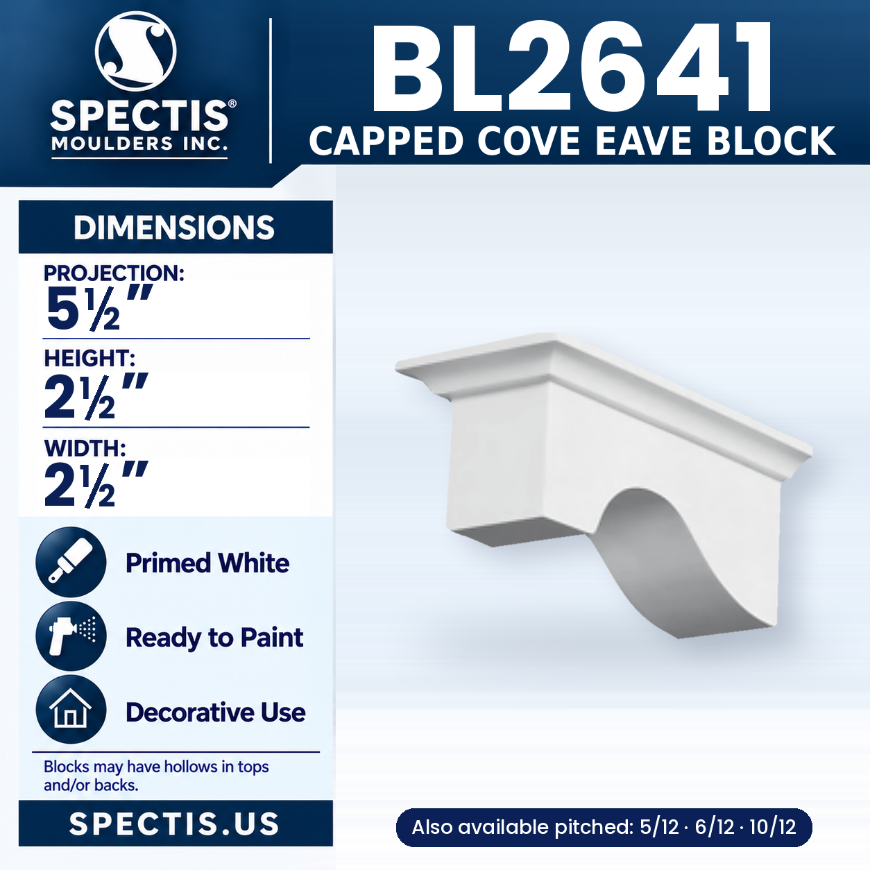 BL2641 Capped Cove Eave Block 2.5"W x 2.5"H x 5.5"P