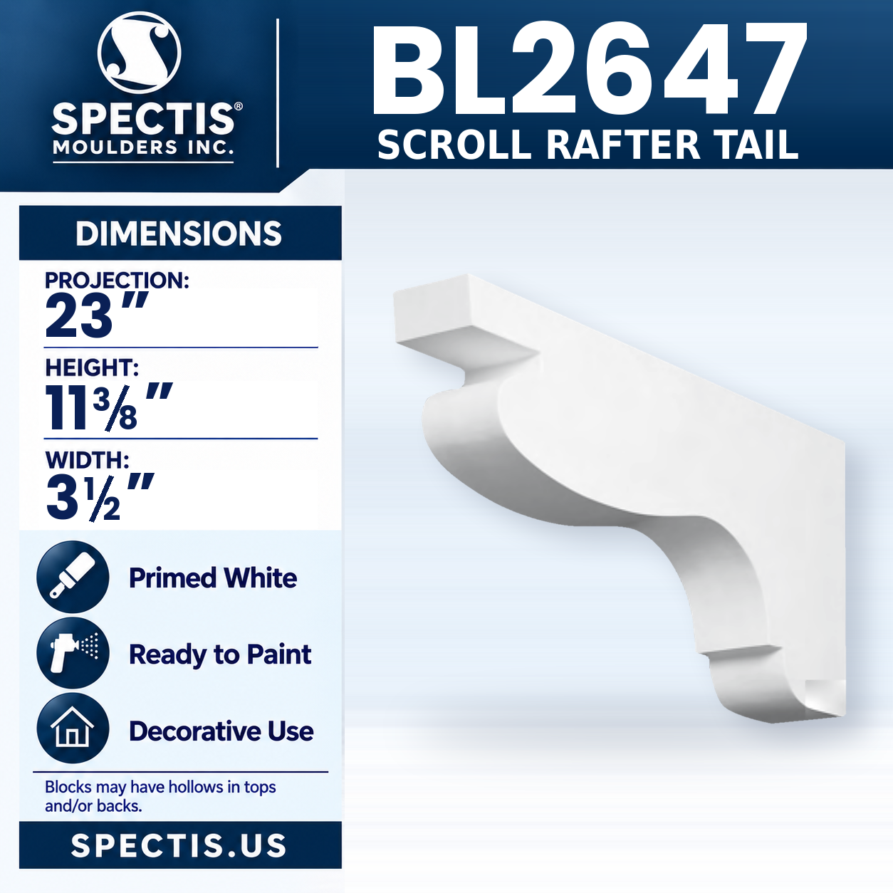 BL2647 Scroll Rafter Tail 3.5"W x 11.375"H x 23"P