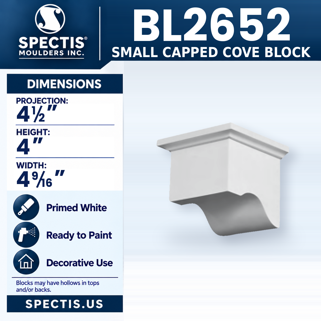 BL2652 Small Capped Cove Block 4.5625"W x 4"H x 4.5"P