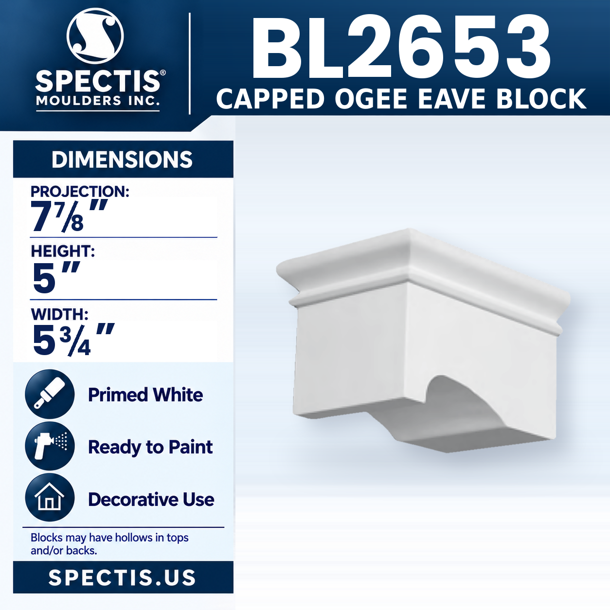 BL2653 Capped Ogee Eave Block 5.75"W x 5"H x 7.875"P