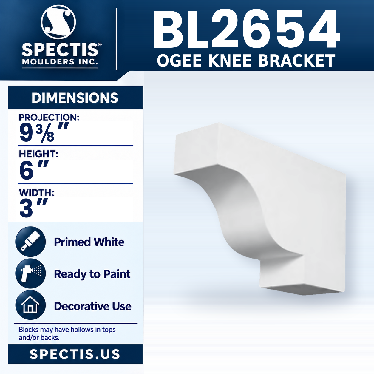 BL2654 Ogee Knee Bracket 3"W x 6"H x 9.375"P