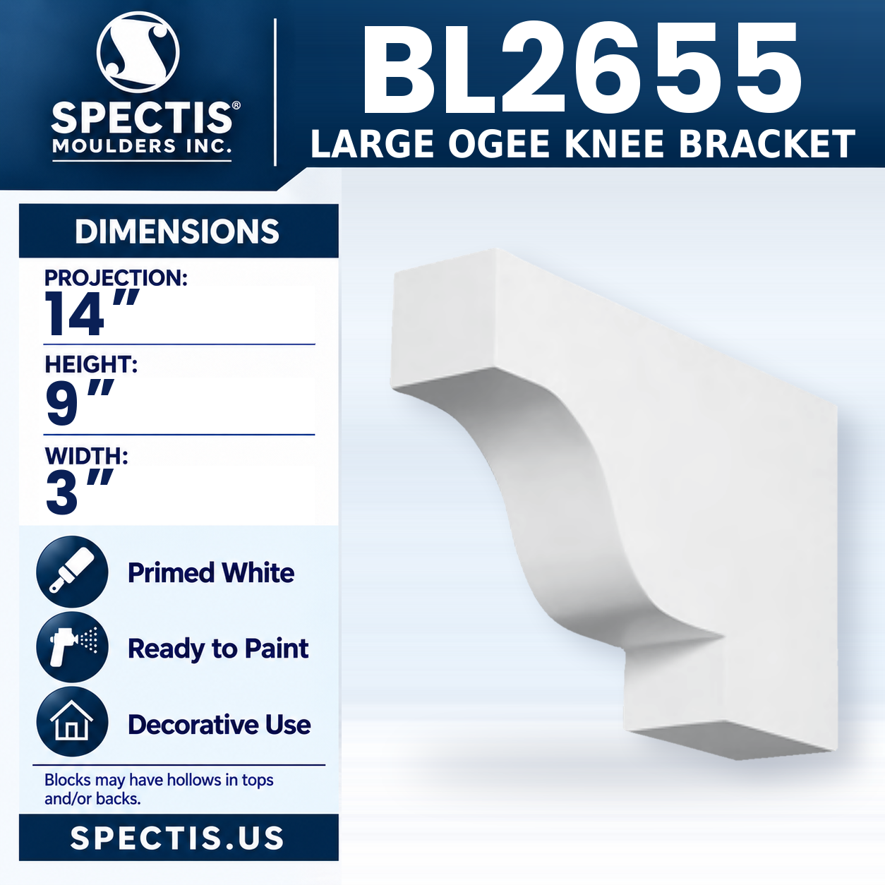 BL2655 Large Ogee Knee Bracket 3"W x 9"H x 14"P