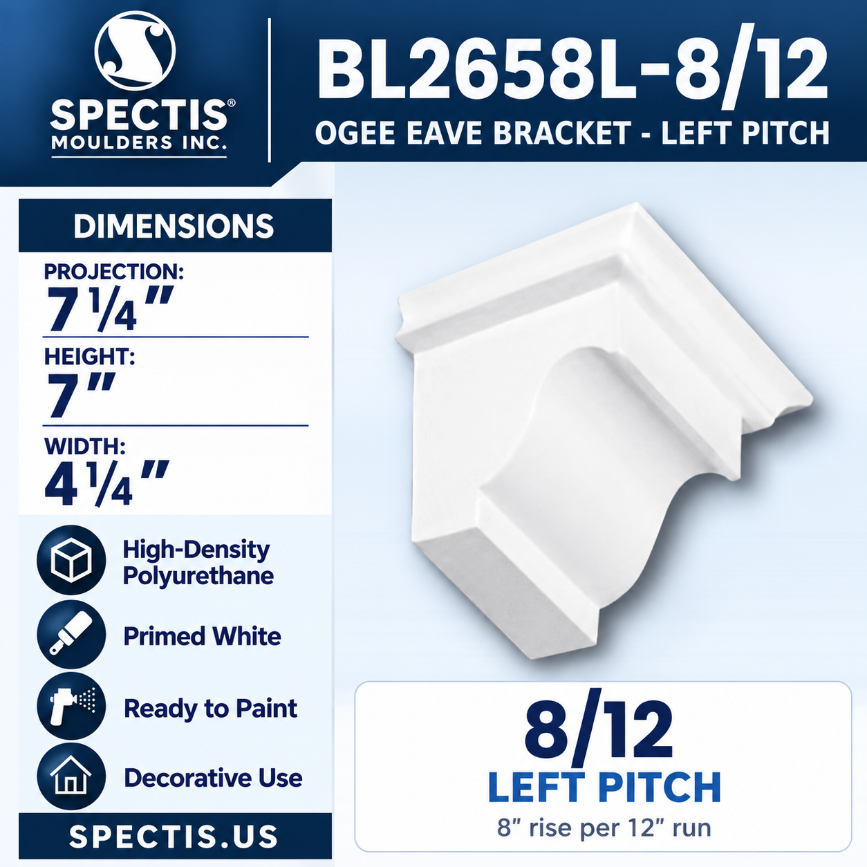BL2658L-8/12 Ogee Eave Bracket Left Pitch 4.25"W x 7"H x 7.25"P