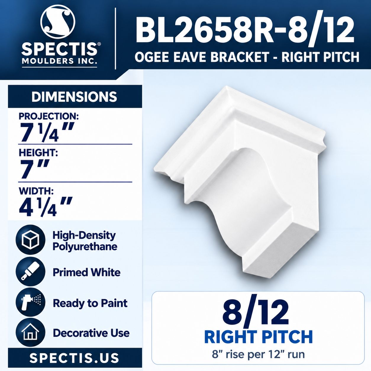 BL2658R-8/12 Ogee Eave Bracket Right Pitch 4.25"W x 7"H x 7.25"P