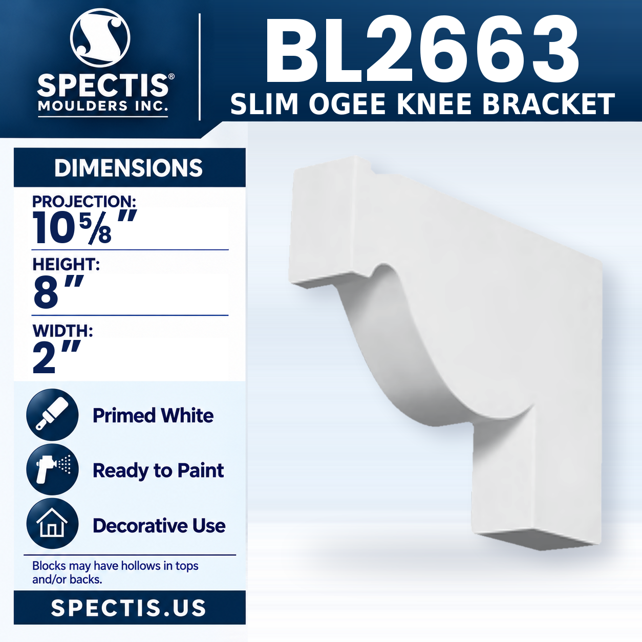 BL2663 Slim Ogee Knee Bracket 2"W x 8"H x 10.625"P