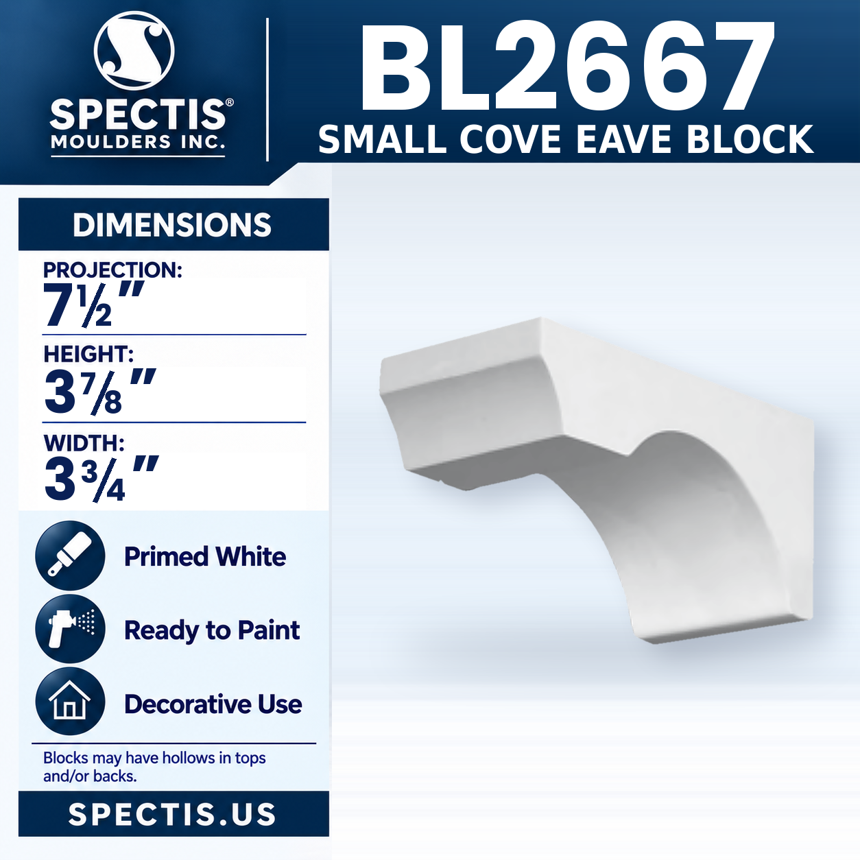 BL2667 Small Cove Eave Block 3.75"W x 3.875"H x 7.5"P
