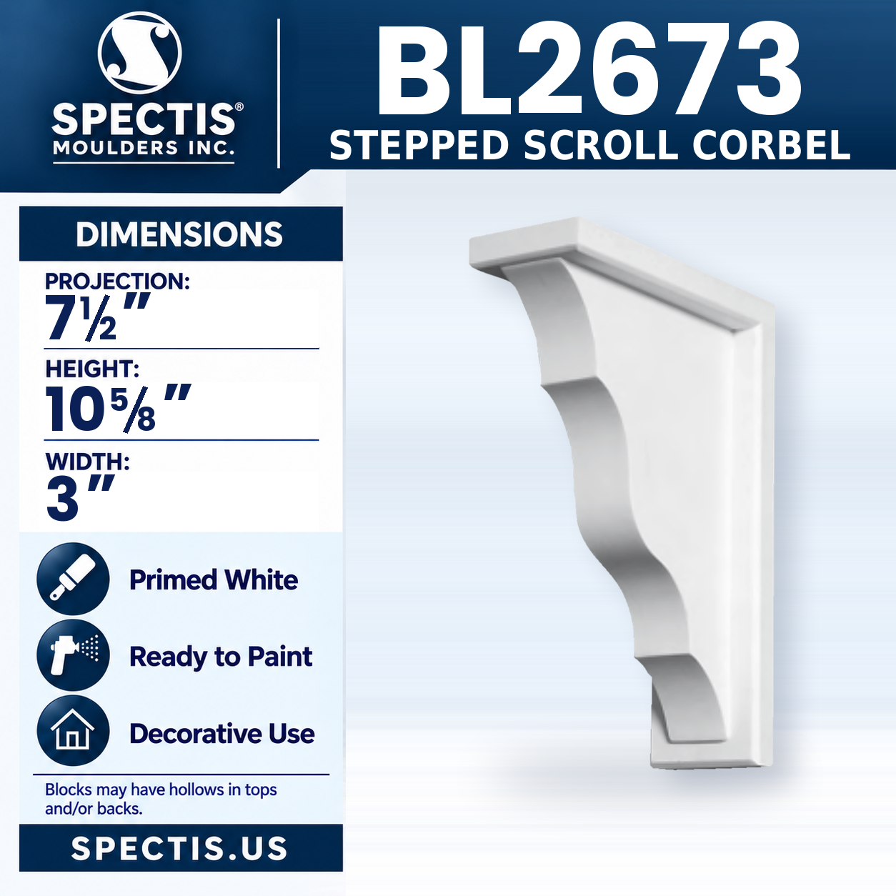 BL2673 Stepped Scroll Corbel 3"W x 10.625"H x 7.5"P