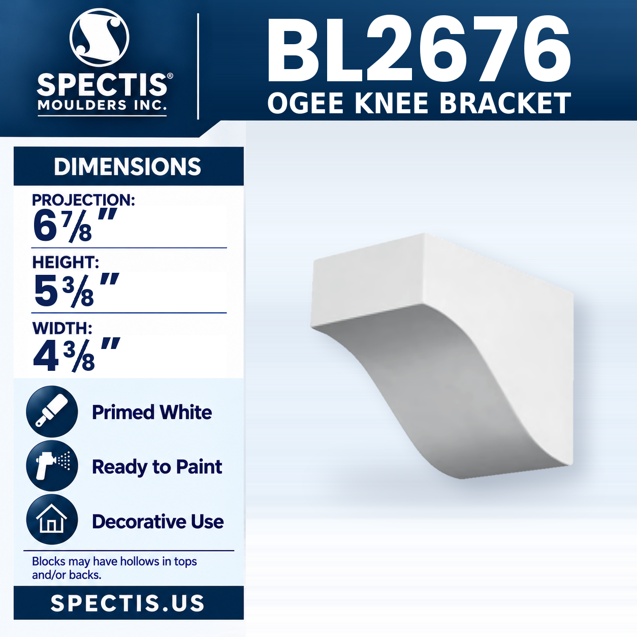 BL2676 Ogee Knee Bracket 4.375"W x 5.375"H x 6.875"P