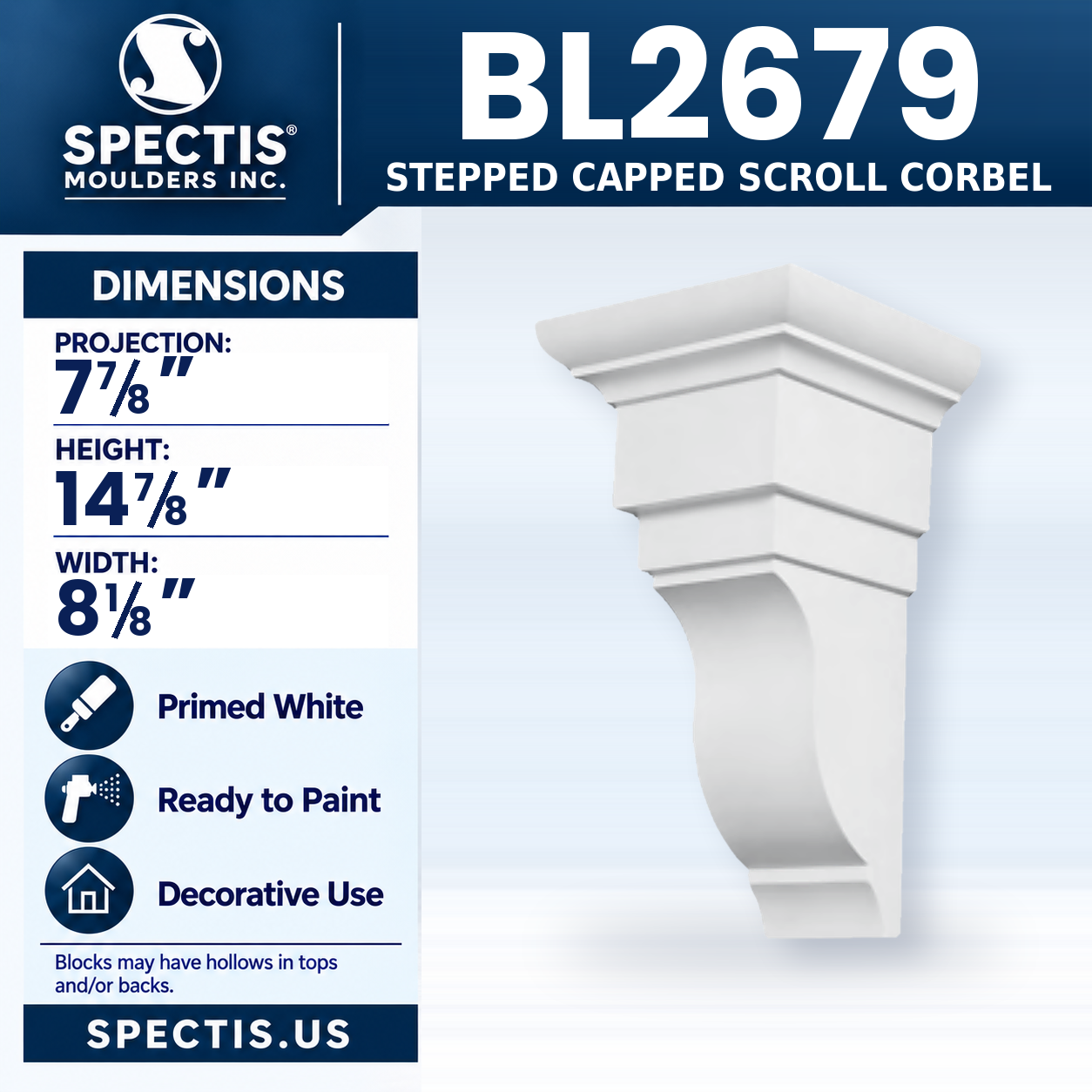 BL2679 Stepped Capped Scroll Corbel 8.125"W x 14.875"H x 7.875"P