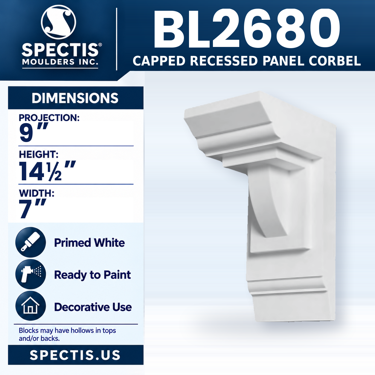 BL2680 Capped Recessed Panel Corbel 7"W x 14.5"H x 9"P