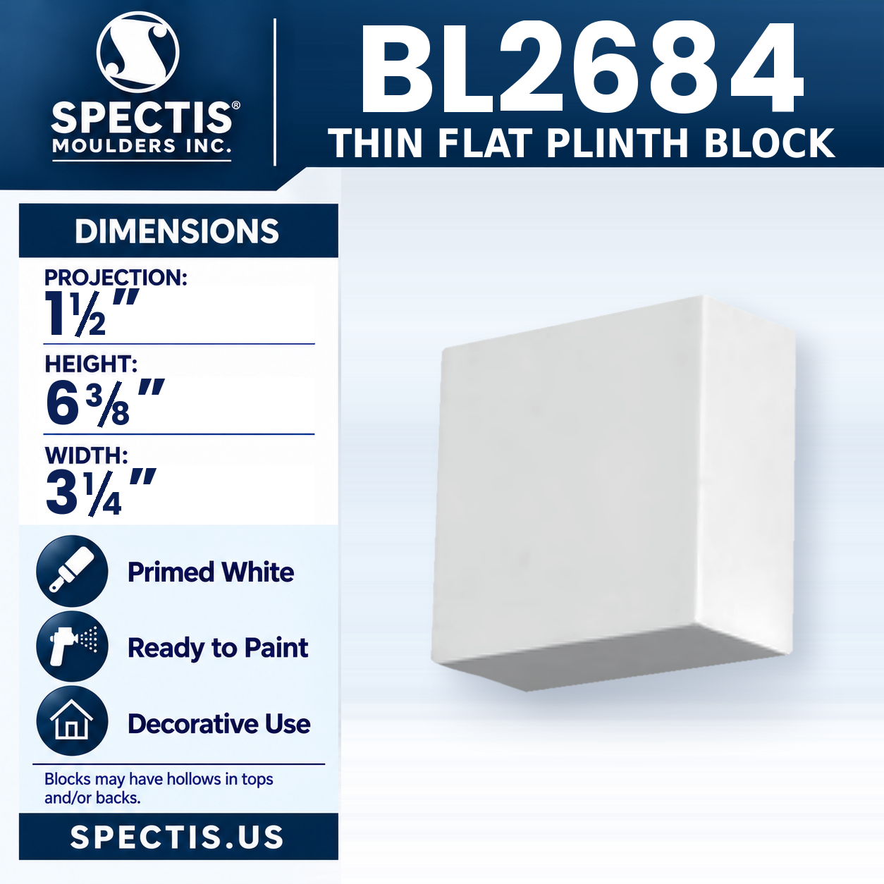 BL2684 Thin Flat Plinth Block 3.25"W x 6.375"H x 1.5"P