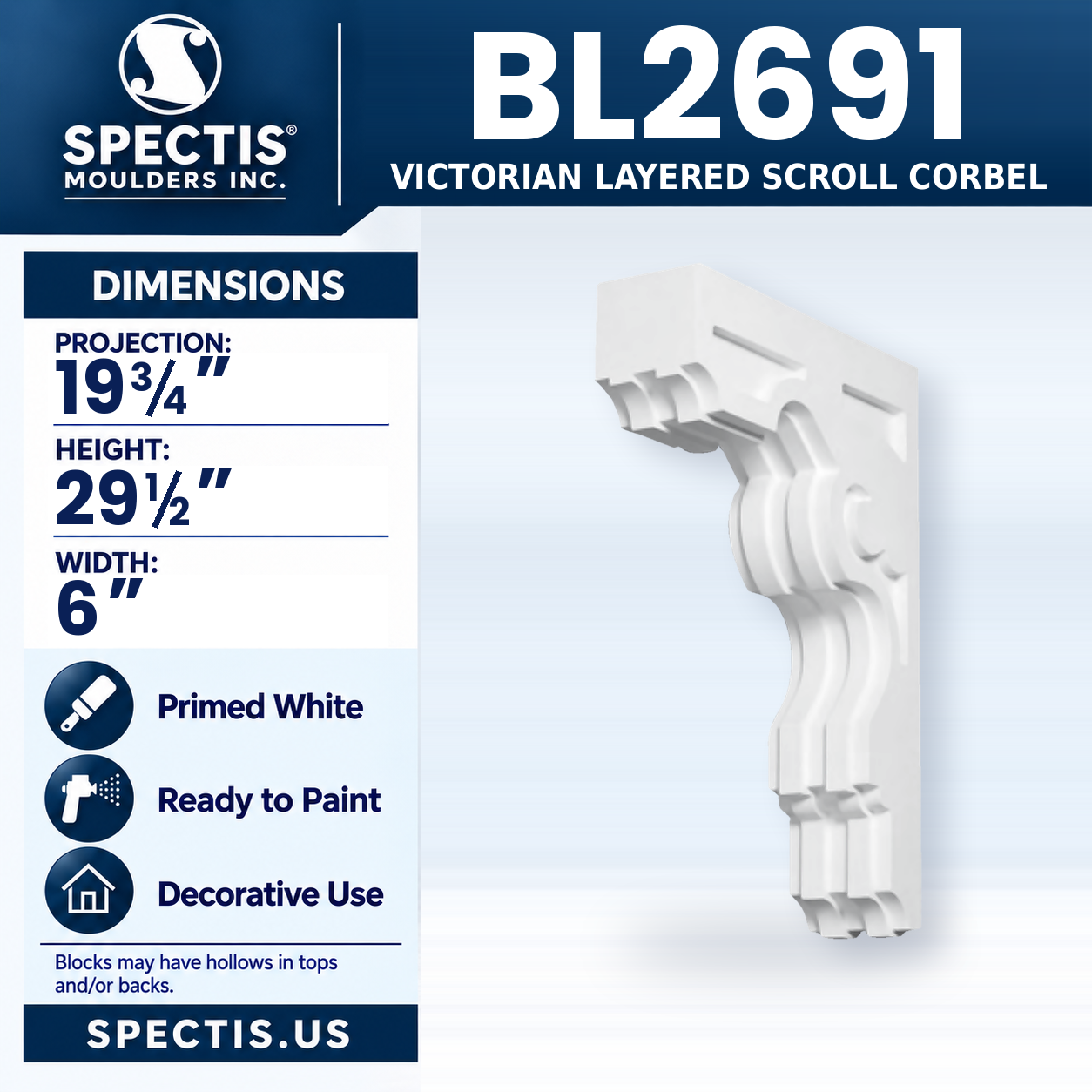 BL2691 Victorian Layered Scroll Corbel 6"W x 29.5"H x 19.75"P