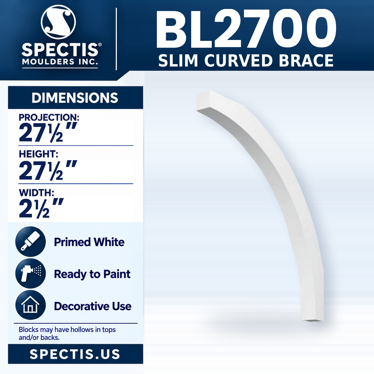 BL2700 Slim Curved Brace 2.5"W x 27.5"H x 27.5"P