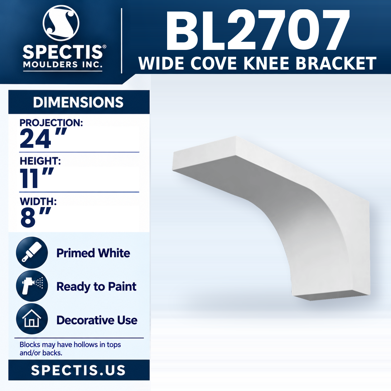 BL2707 Wide Cove Knee Bracket 8"W x 11"H x 24"P