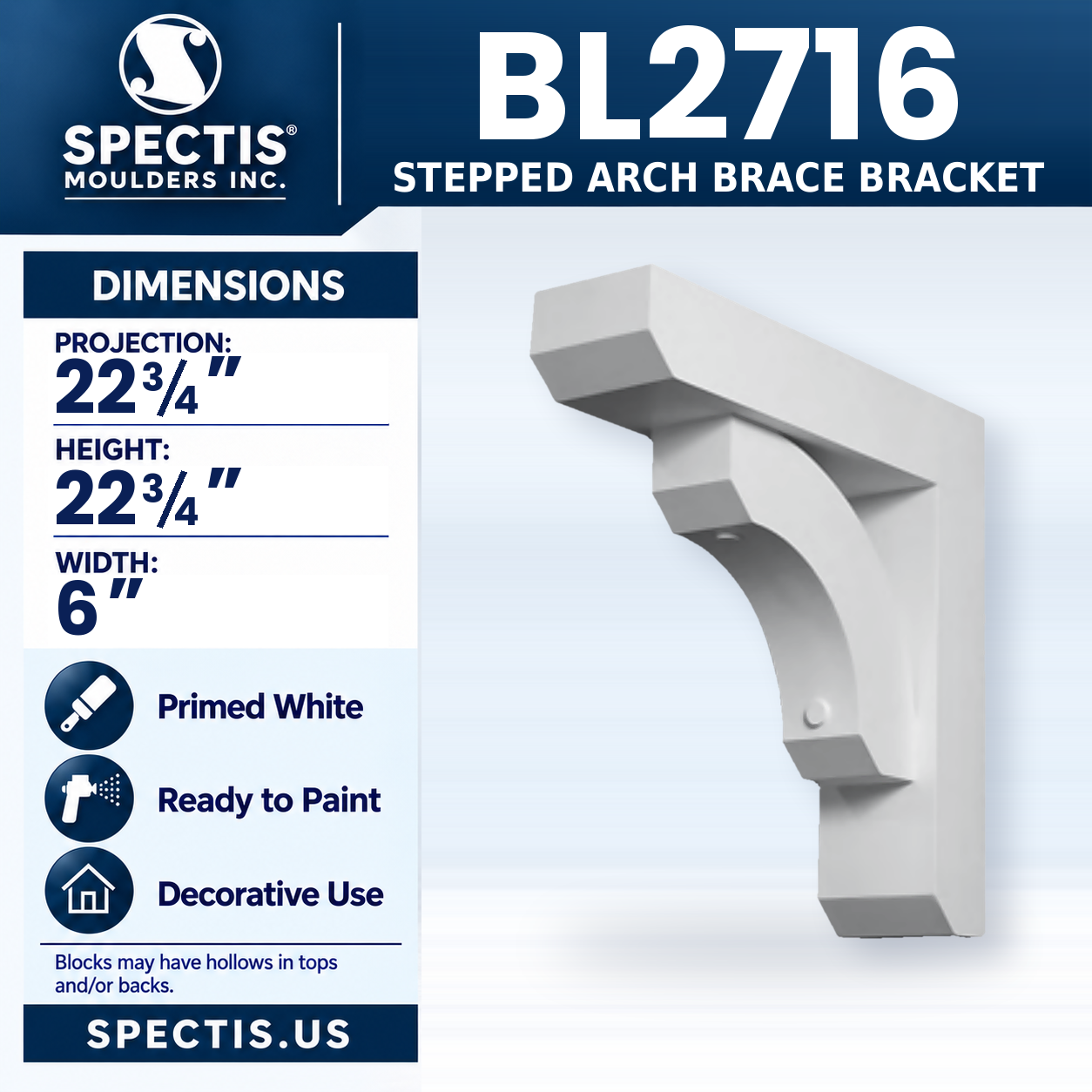 BL2716 Stepped Arch Brace Bracket 6"W x 22.75"H x 22.75"P