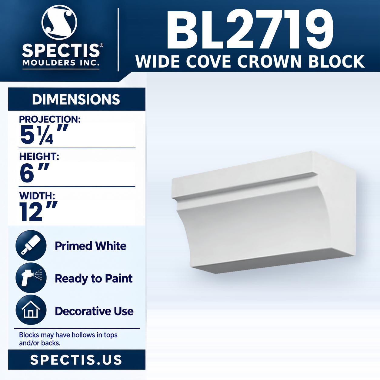 BL2719 Wide Cove Crown Block 12"W x 6"H x 5.25"P