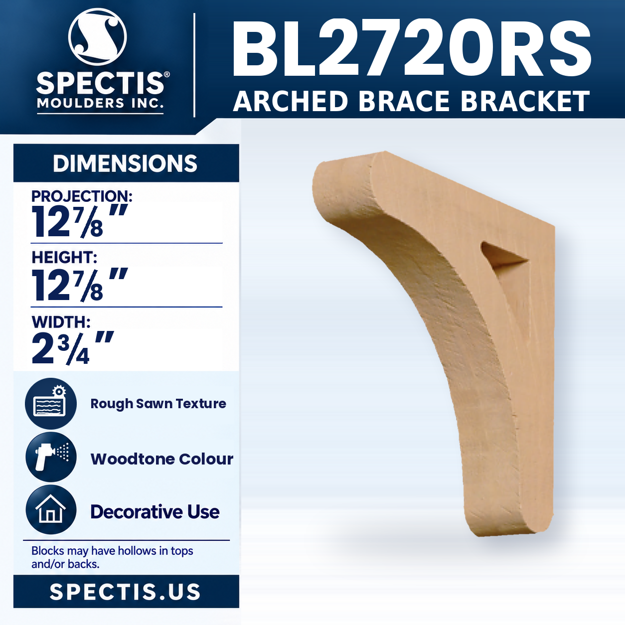 BL2720RS Arched Brace Bracket Rough Sawn 2.75"W x 12.875"H x 12.875"P
