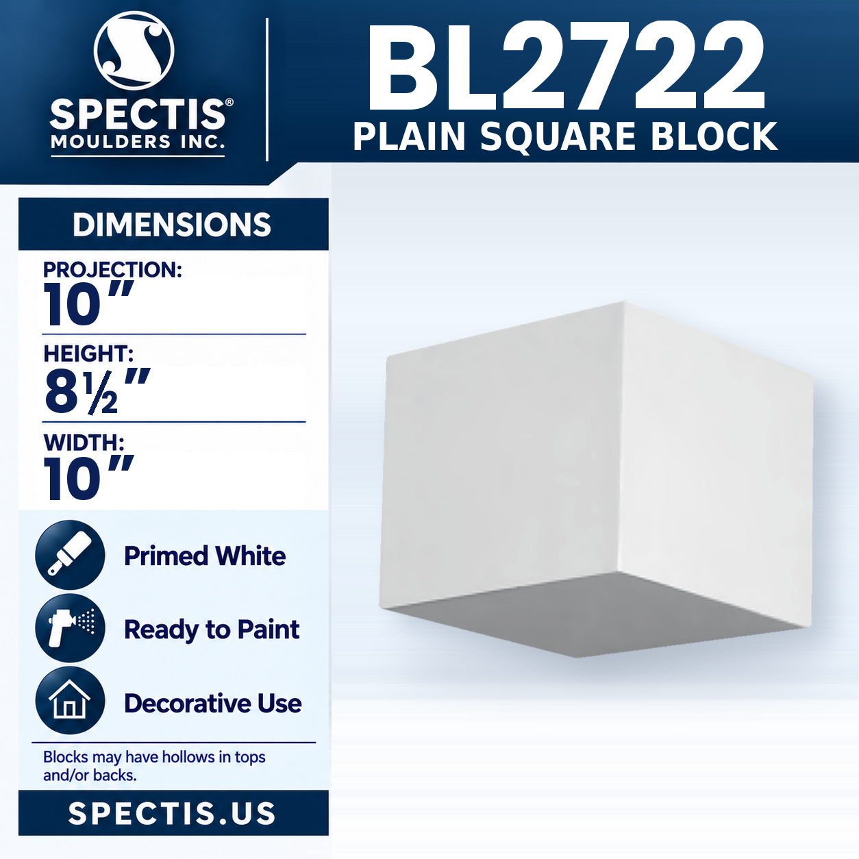 BL2722 Plain Square Block 10"W x 8.5"H x 10"P