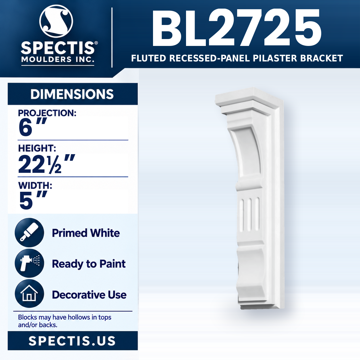 BL2725 Fluted Recessed-Panel Pilaster Bracket 5"W x 22.5"H x 6"P
