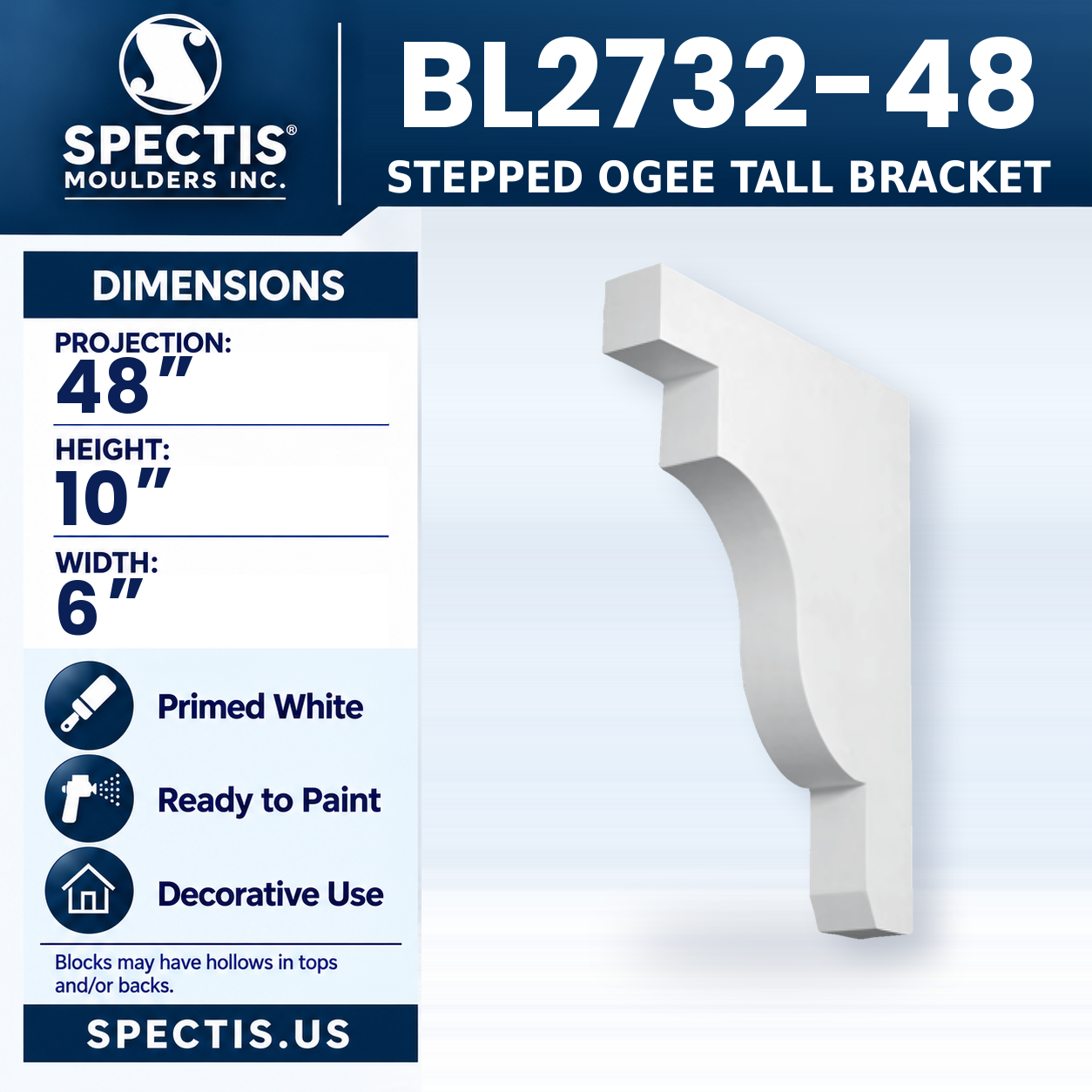 BL2732-48 Stepped Ogee Tall Bracket 6"W x 10"H x 48"P