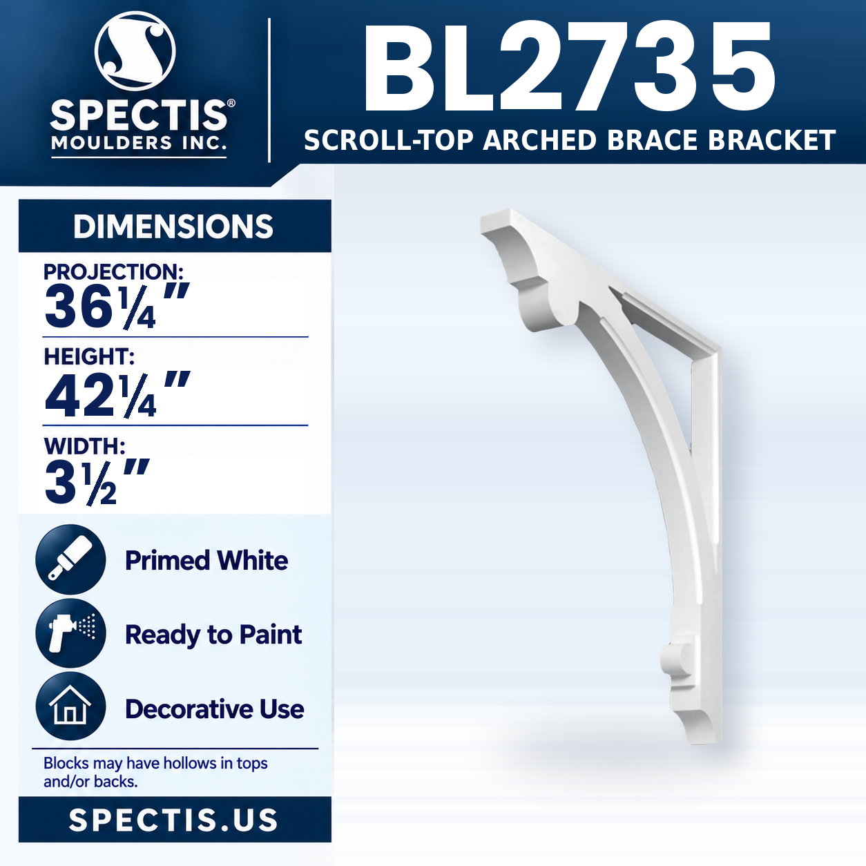 BL2735 Scroll-Top Arched Brace Bracket 3.5"W x 42.25"H x 36.25"P