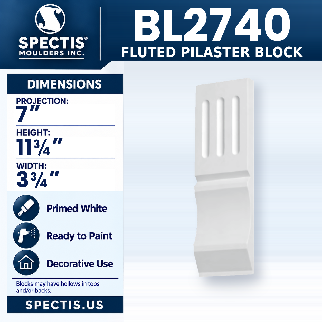 BL2740 Fluted Pilaster Block 3.75"W x 11.75"H x 7"P
