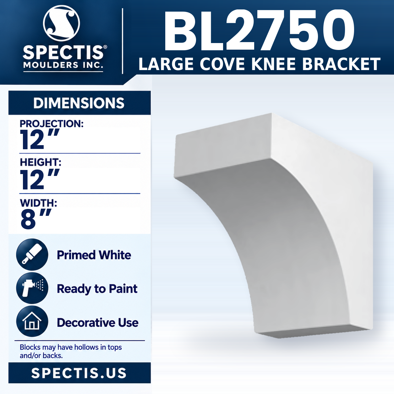 BL2750 Large Cove Knee Bracket 8"W x 12"H x 12"P
